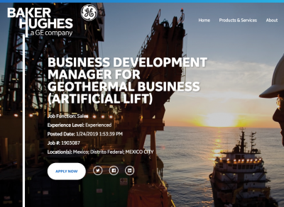 Oferta Laboral: Business Development Manager para Geotermia (BHGE (Artificial Lift)