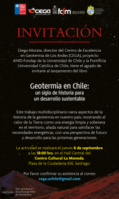 Lanzamiento libro 08 Septiembre: Geotermia en Chile, un Siglo de Historia para un Desarrollo Sustentable (Nueva Fecha)